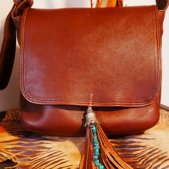 HOBO Brn Leather Saddle Handbag w/Real Turquoise EUC - Picture 11 of 11